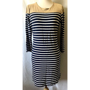 Monteau Cream Beige Striped Blue/ White Dress Size M Elbow Patches